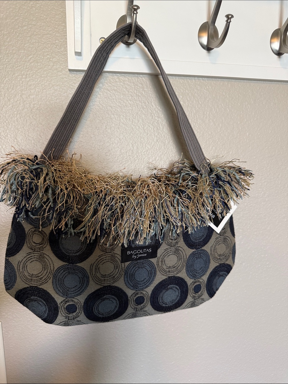 Fringed Circle-Pattern Mini Shoulder Bag in Gray & Black